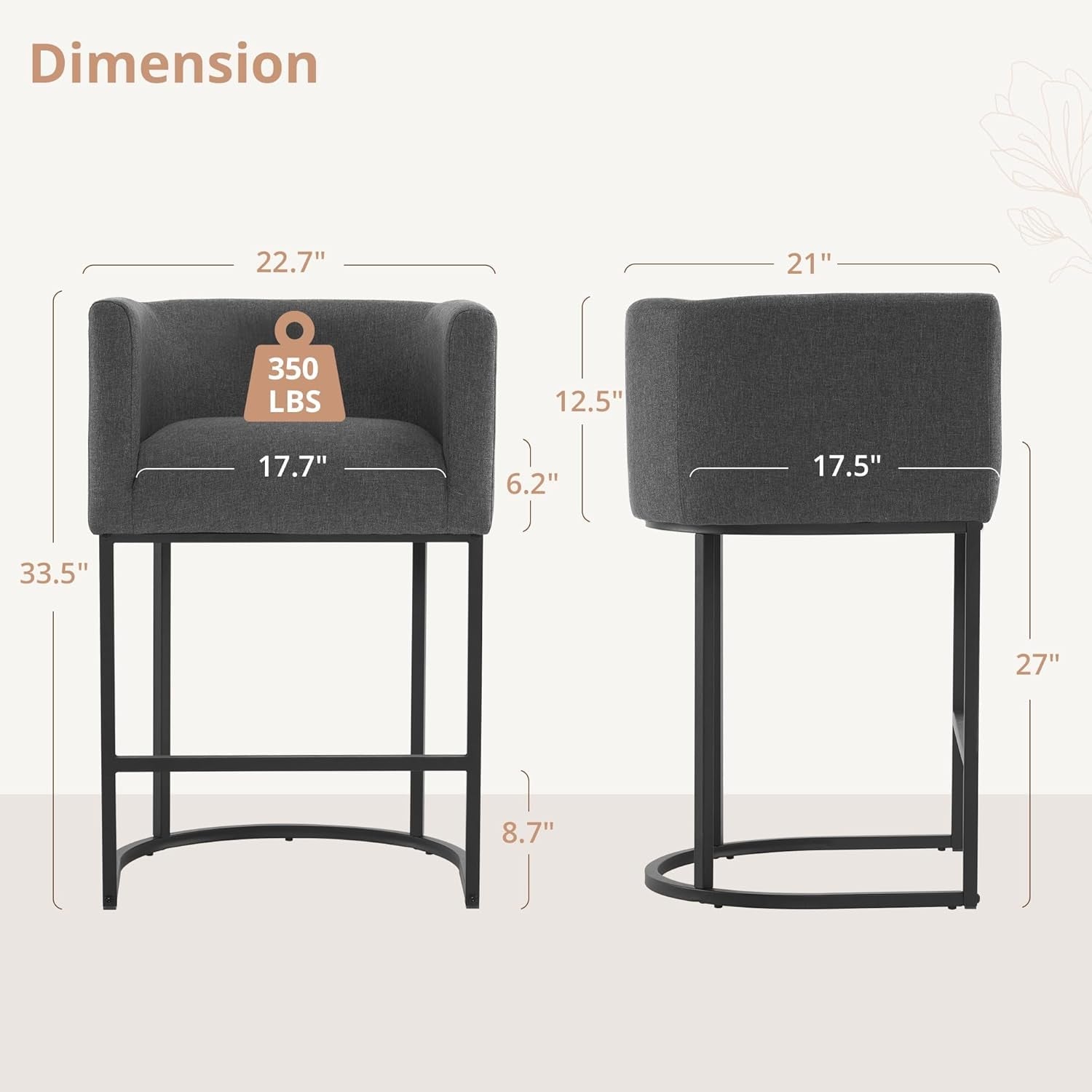 27 Inch Counter Bar Stool With Backrest And Arms Gray Linen