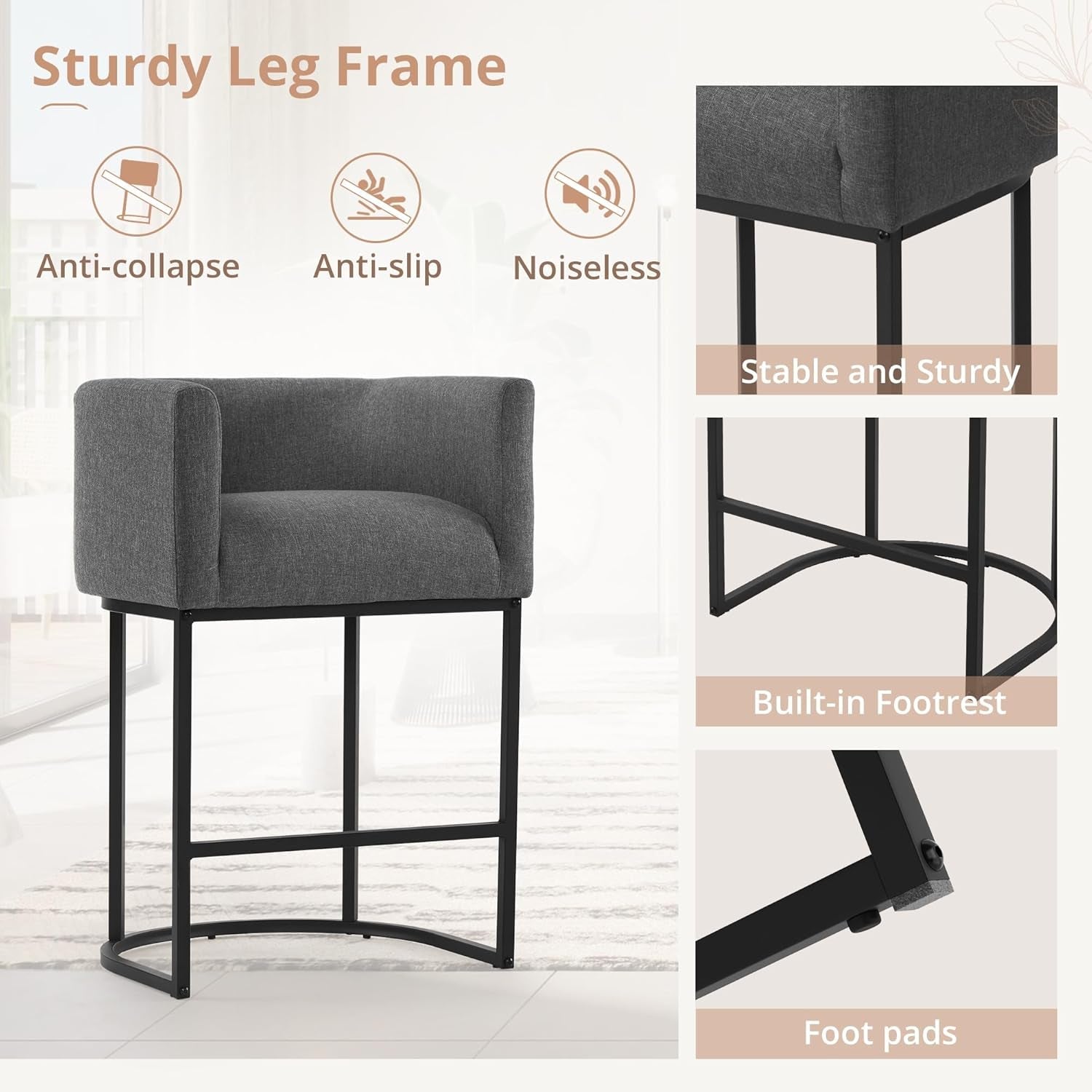 27 Inch Counter Bar Stool With Backrest And Arms Gray Linen