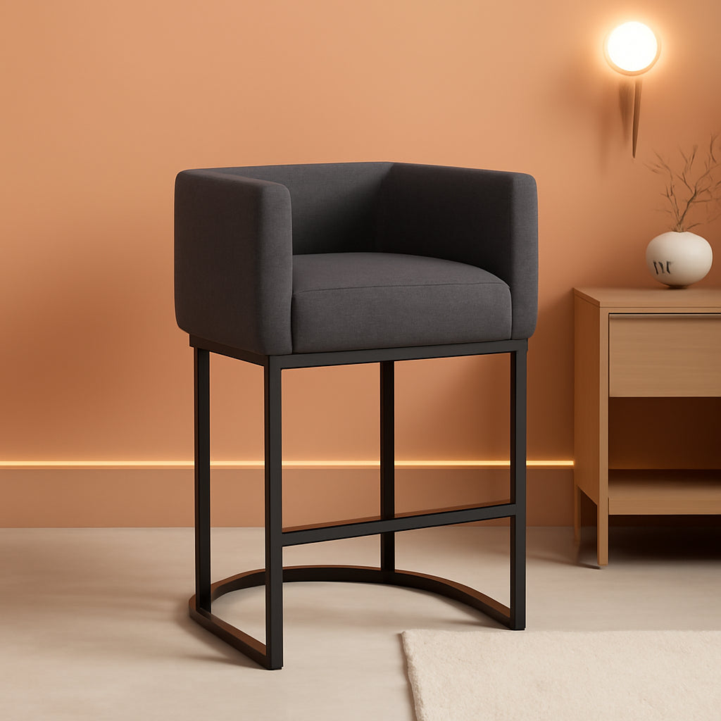 27 Inch Counter Bar Stool With Backrest And Arms Gray Linen
