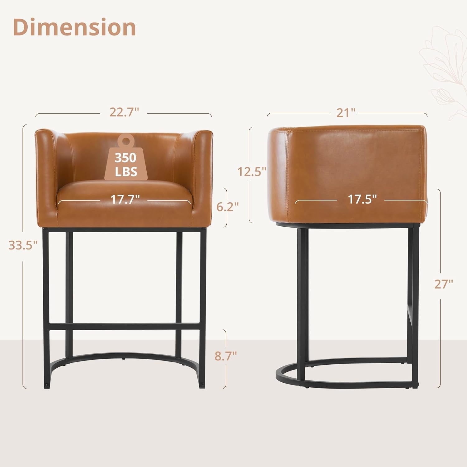 27 Inch Counter Height Bar Stools Set Of 4 Barrel Style With Backrest And Arms Faux Leather Upholstery Yellowish Brown