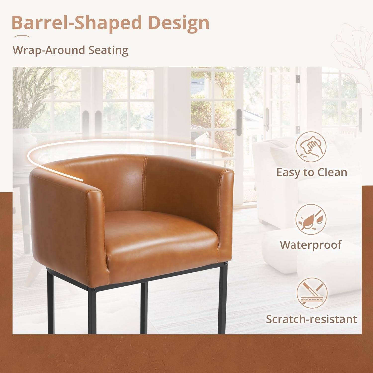 27 Inch Counter Height Bar Stools Set Of 4 Barrel Style With Backrest And Arms Faux Leather Upholstery Yellowish Brown