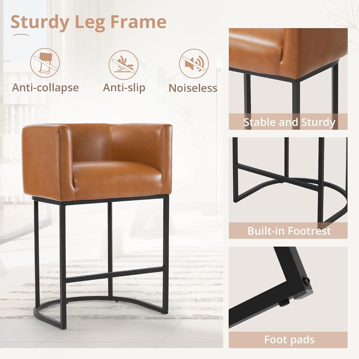 27 Inch Counter Height Bar Stools Set Of 4 Barrel Style With Backrest And Arms Faux Leather Upholstery Yellowish Brown