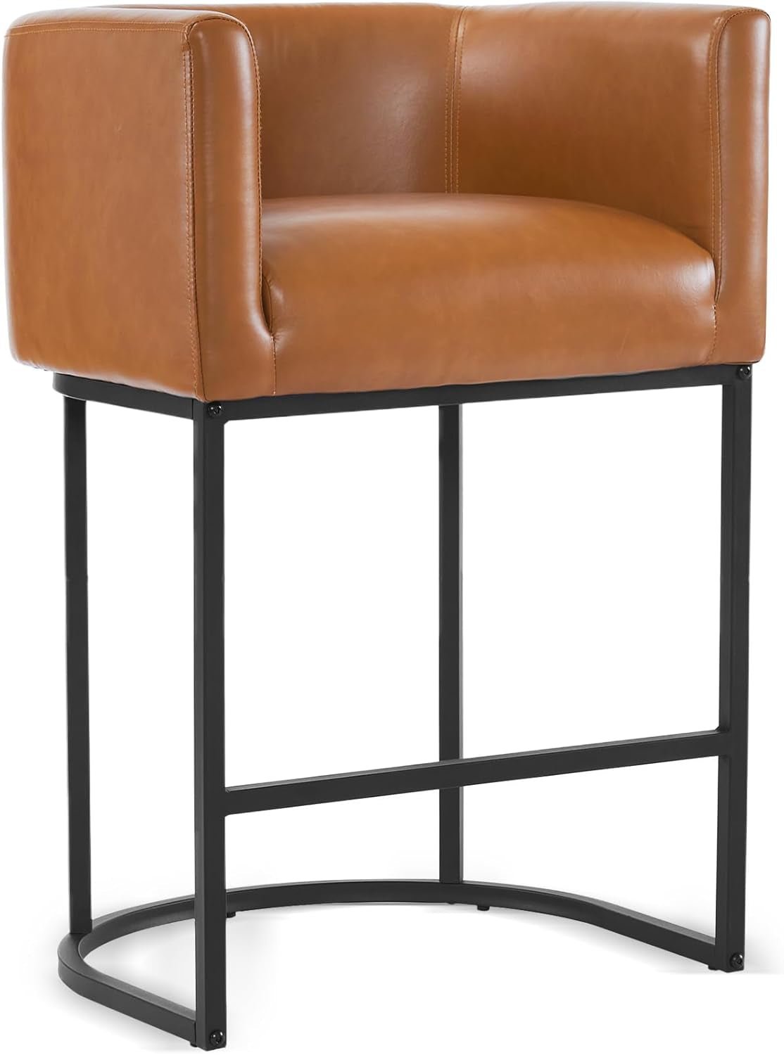 27 Inch Counter Height Bar Stools Set Of 4 Barrel Style With Backrest And Arms Faux Leather Upholstery Yellowish Brown