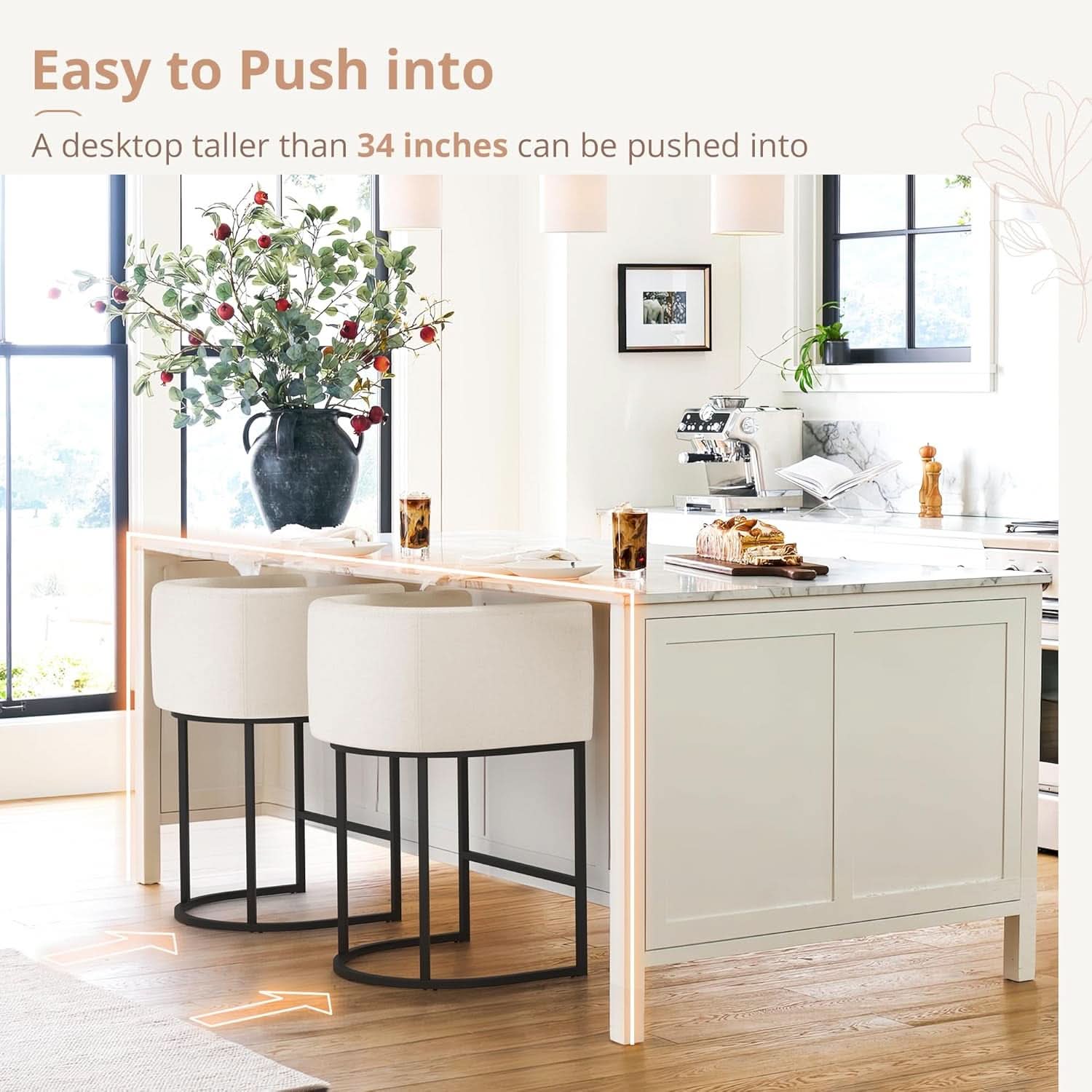 27 Inch Counter Height Bar Stools Set Of 4 With Backrest And Armrests Beige Linen Upholstery Black Metal Frame