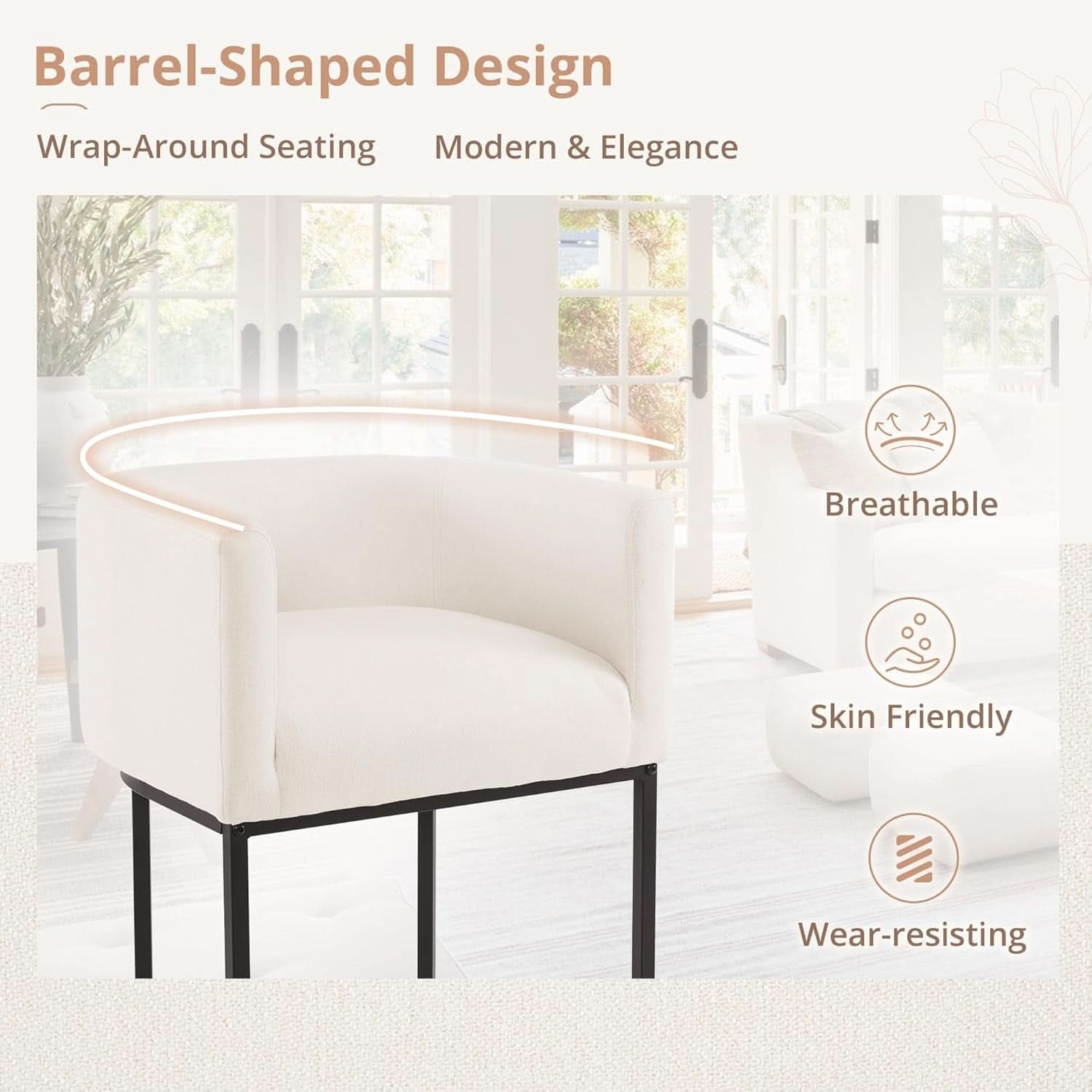 27 Inch Counter Height Bar Stools Set Of 4 With Backrest And Armrests Beige Linen Upholstery Black Metal Frame