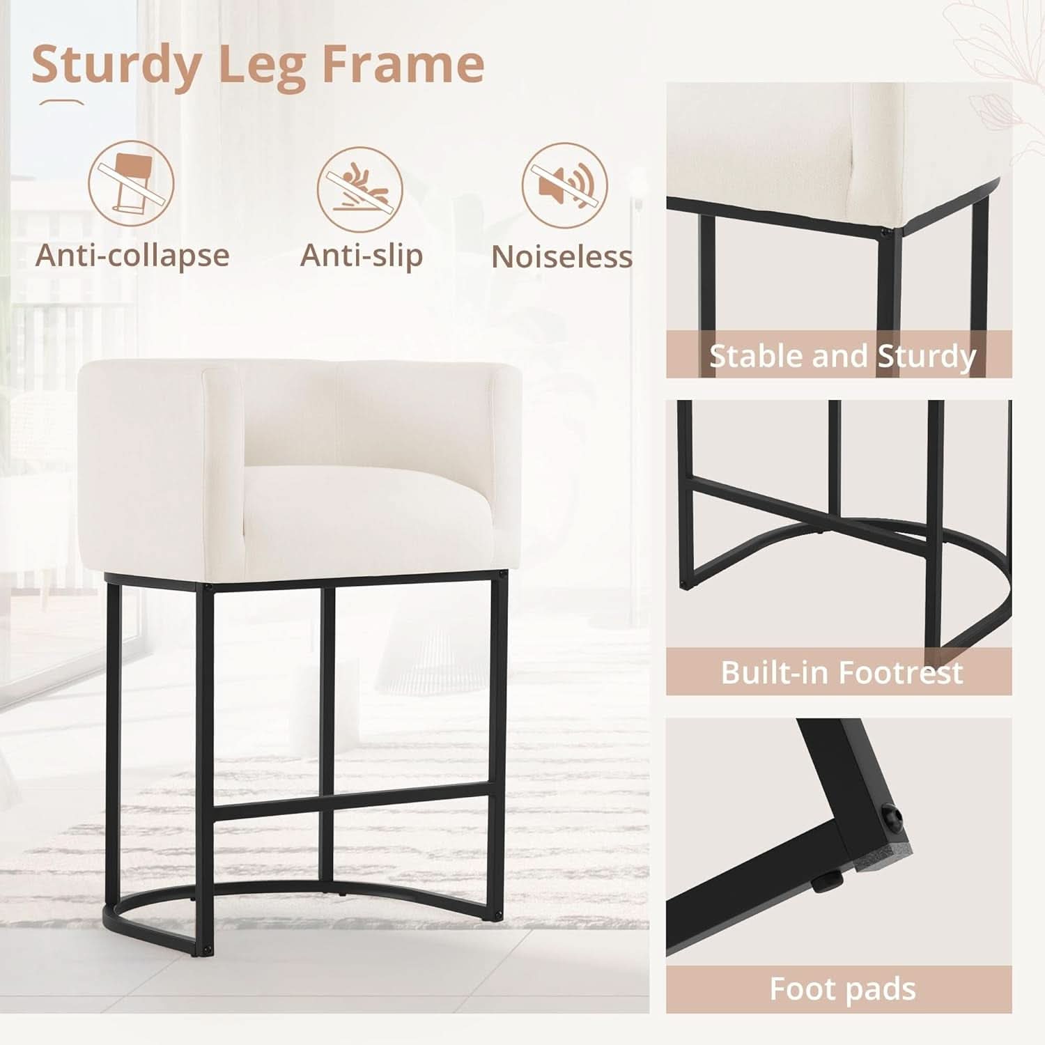 27 Inch Counter Height Bar Stools Set Of 4 With Backrest And Armrests Beige Linen Upholstery Black Metal Frame
