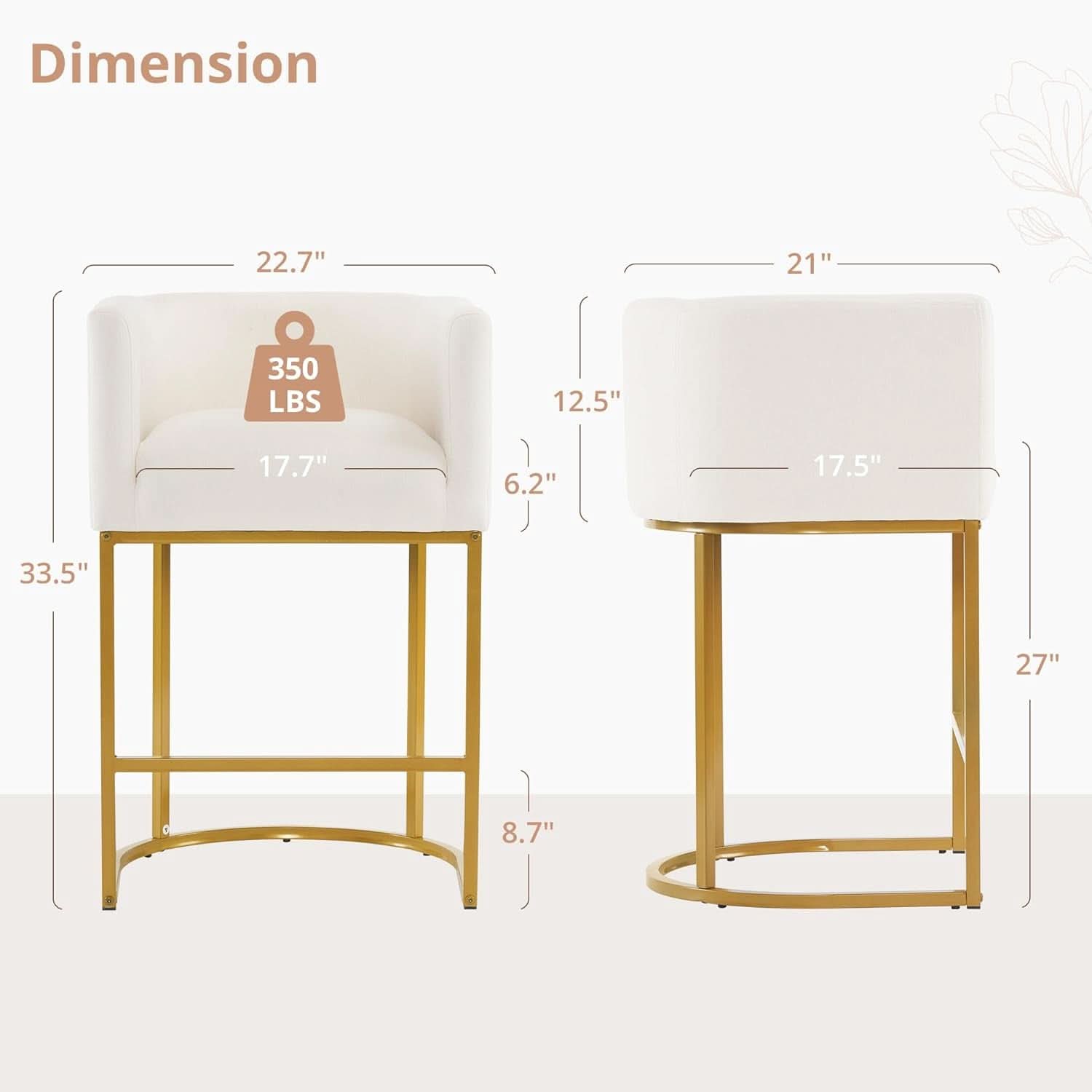 27 Inch Counter Height Bar Stools With Backrest And Arms Gold Metal Frames Beige Linen Upholstery