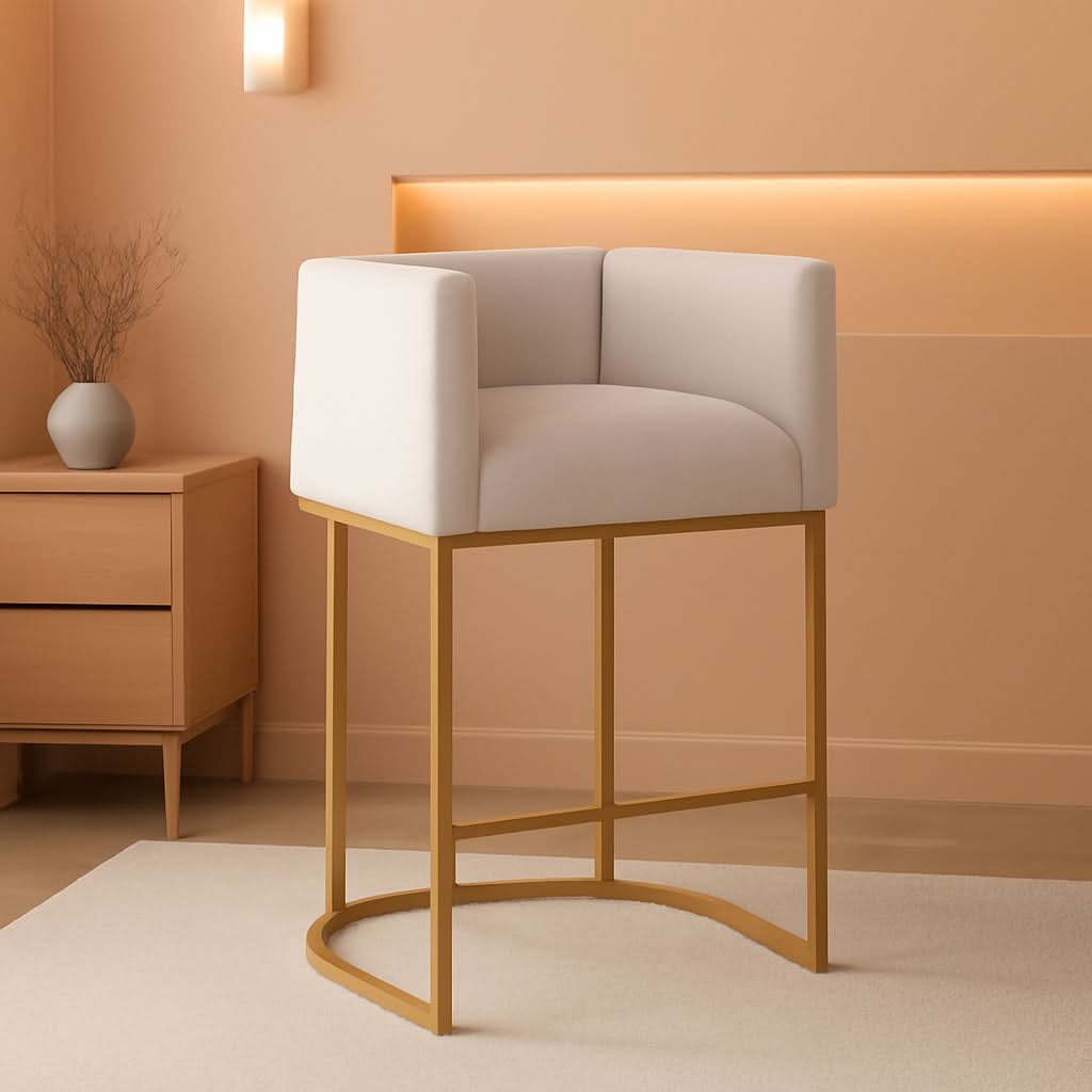 27 Inch Counter Height Bar Stools With Backrest And Arms Gold Metal Frames Beige Linen Upholstery