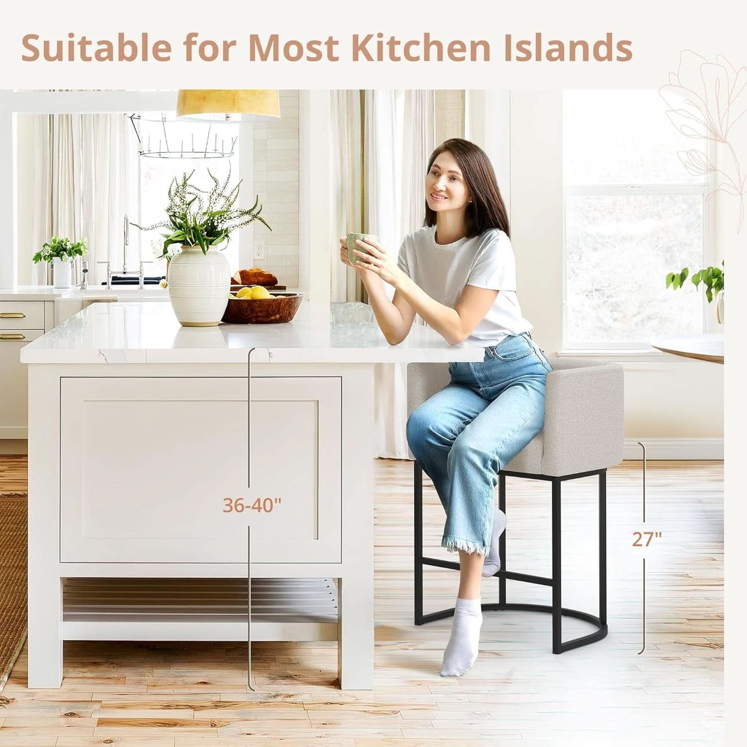 27 Inch Counter Height Barrel Bar Stools With Backrest In Light Gray Linen Upholstery