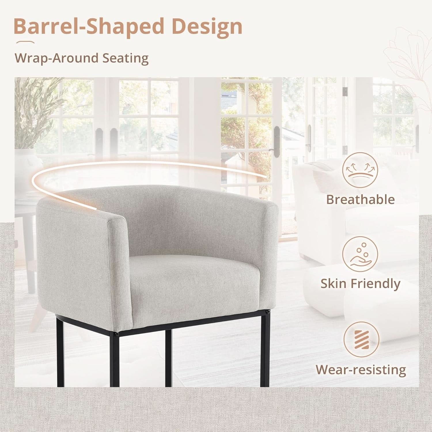 27 Inch Counter Height Barrel Bar Stools With Backrest In Light Gray Linen Upholstery
