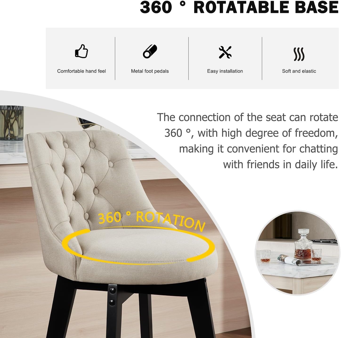 27 Inch Linen Upholstered Swivel Bar Stools Set of 2