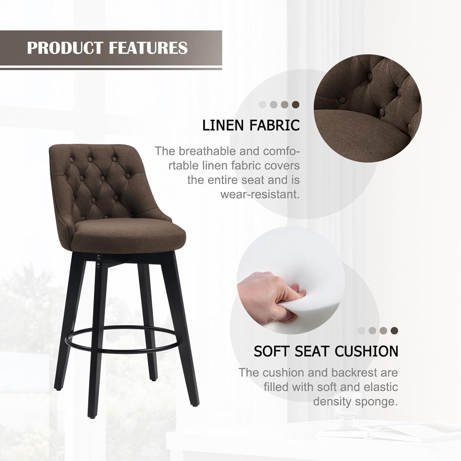 27 Inch Swivel Bar Stools With Back Sepia Linen Upholstery Set Of 2