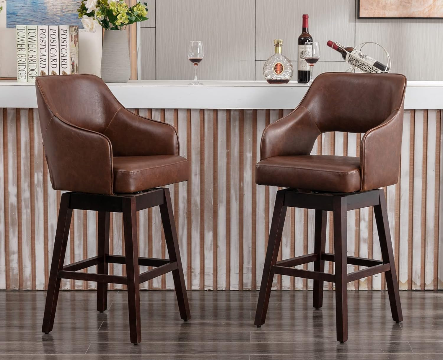 28 Inch PU Leather Swivel Counter Height Bar Stool With Wood Legs Open Back Brown Footrest