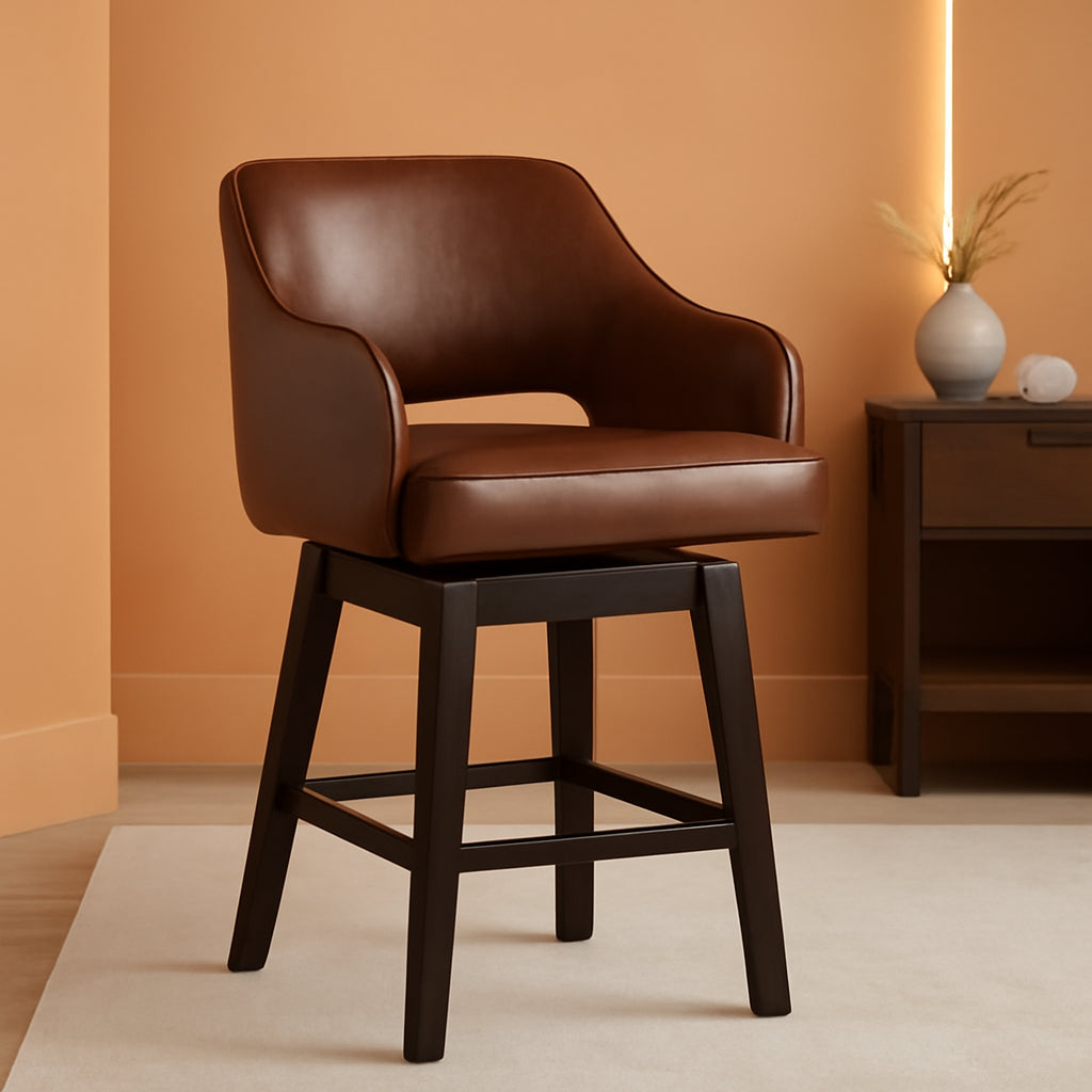 28 Inch PU Leather Swivel Counter Height Bar Stool With Wood Legs Open Back Brown Footrest