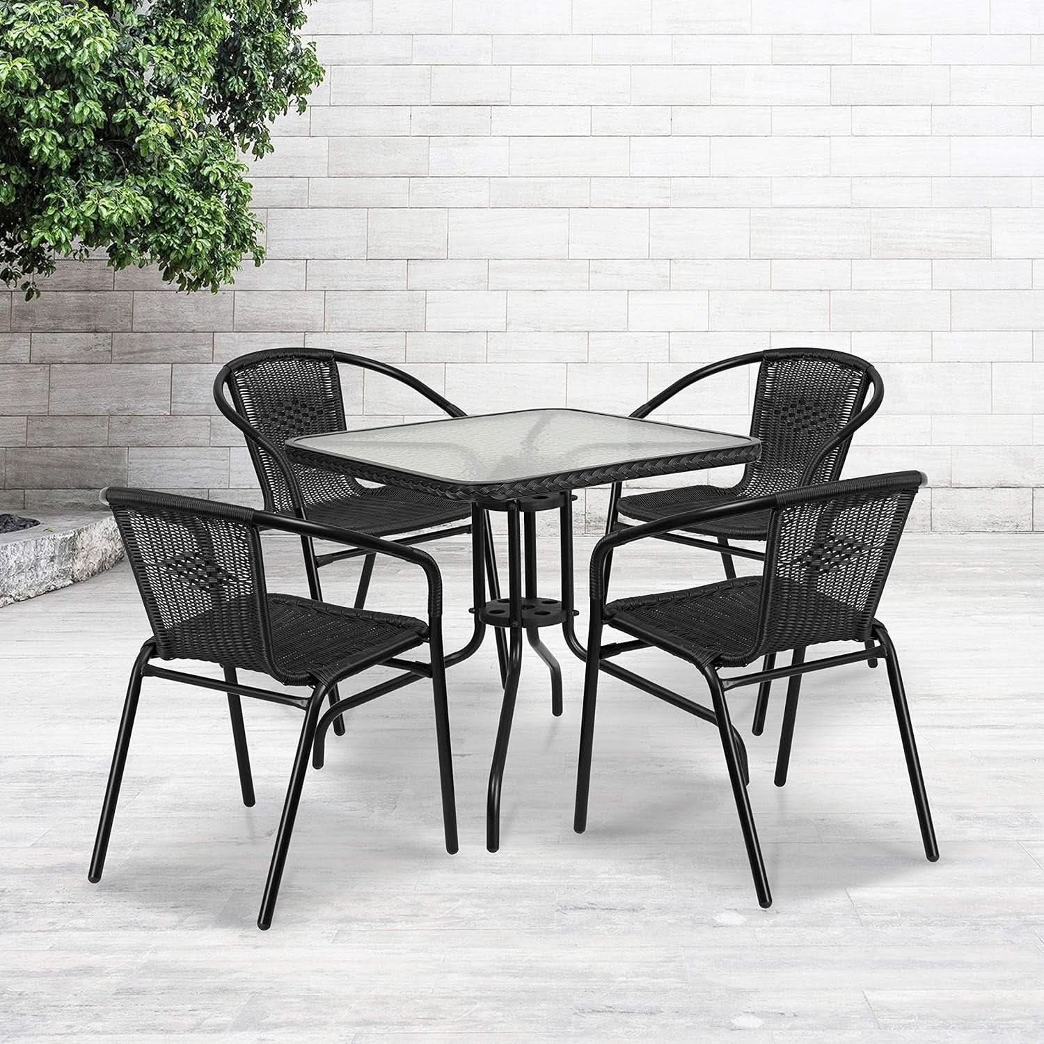 28 Inch Square Patio Table And Rattan Chairs Set Black