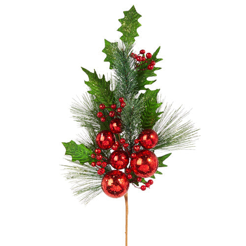 28" Pine, Holly and Red Ball Ornament Spray