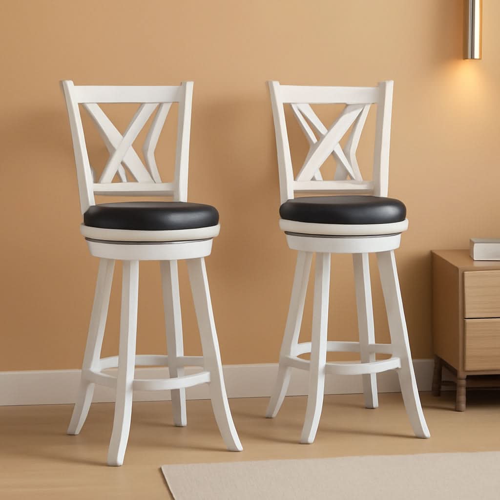 29 Inch Bar Height Swivel Stool Antique White Set Of 2 With Upholstered Seat And Comfortable Padding