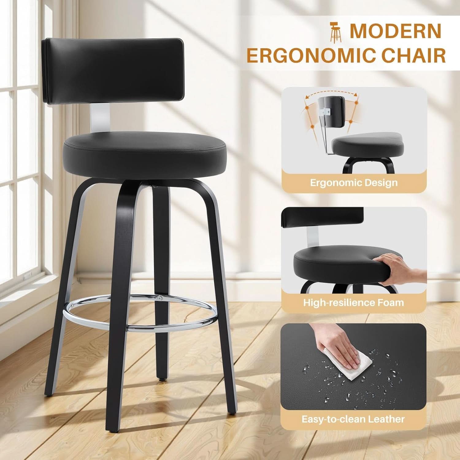 29 Inch Counter Height Black Faux Leather Swivel Bar Stools With Back Set Of 3