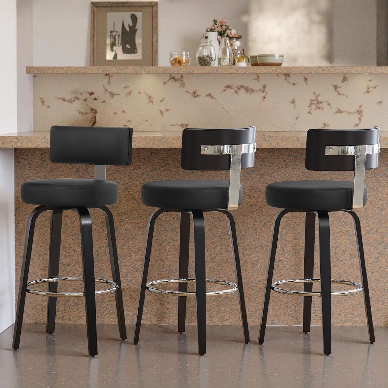 29 Inch Counter Height Black Faux Leather Swivel Bar Stools With Back Set Of 3