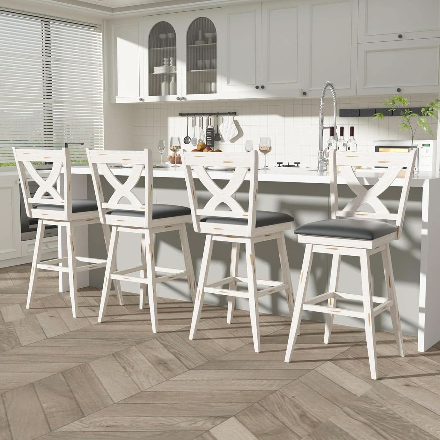 29 Inch Swivel Bar Stool With Grey Faux Leather Upholstery Antique White Wood Frame And Solid Wood Footrest Set Of 2