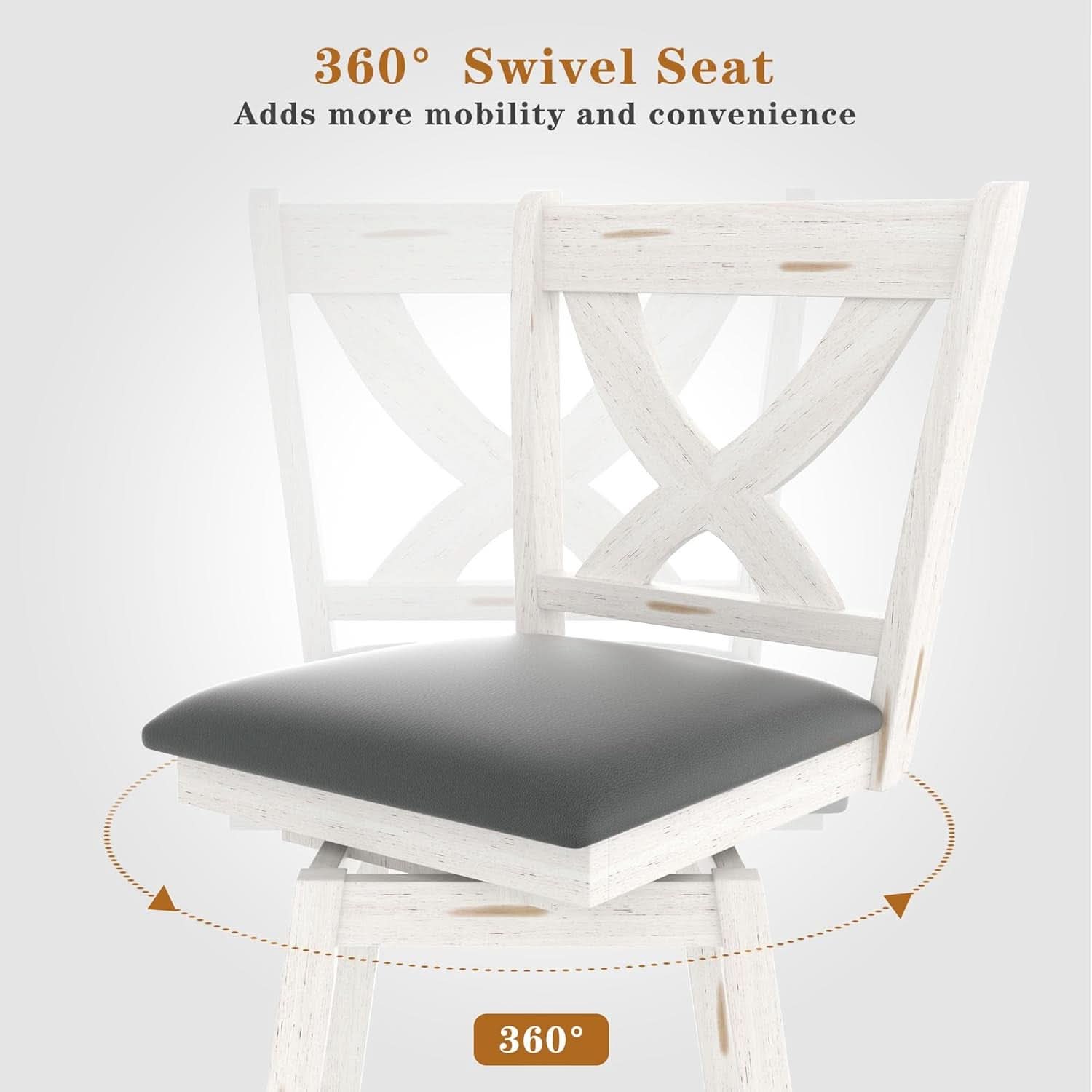 29 Inch Swivel Bar Stool With Grey Faux Leather Upholstery Antique White Wood Frame And Solid Wood Footrest Set Of 2
