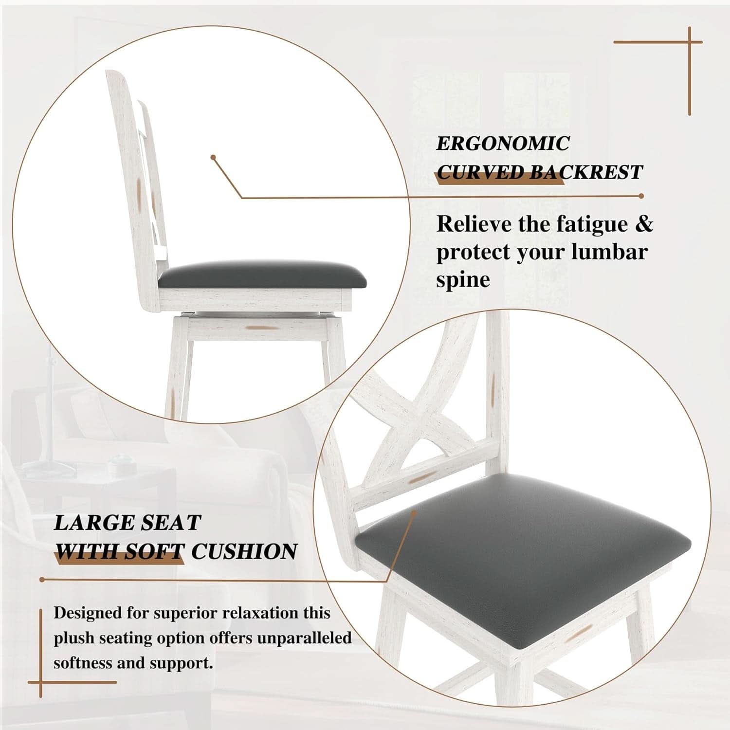 29 Inch Swivel Bar Stool With Grey Faux Leather Upholstery Antique White Wood Frame And Solid Wood Footrest Set Of 2