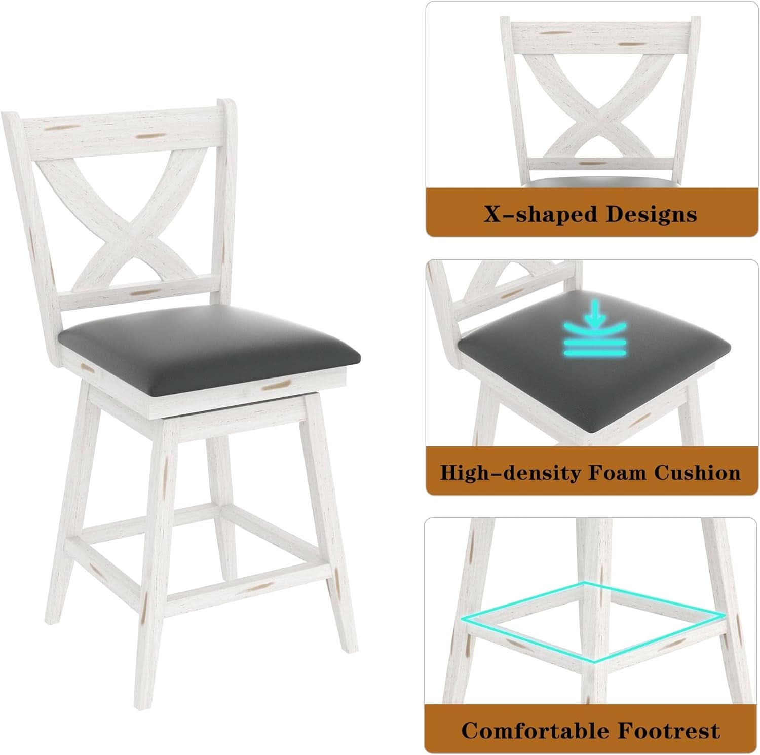 29 Inch Swivel Bar Stool With Grey Faux Leather Upholstery Antique White Wood Frame And Solid Wood Footrest Set Of 2