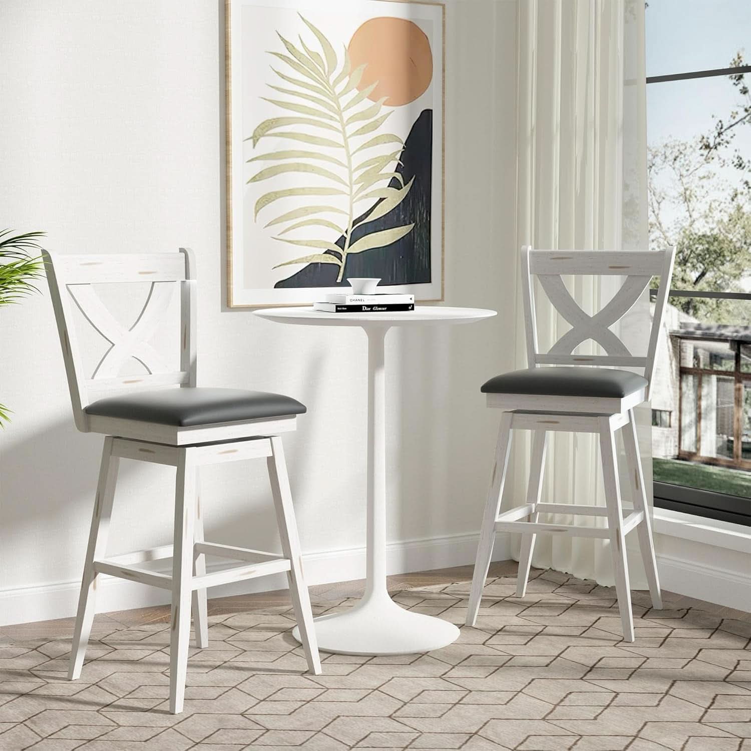 29 Inch Swivel Bar Stool With Grey Faux Leather Upholstery Antique White Wood Frame And Solid Wood Footrest Set Of 2