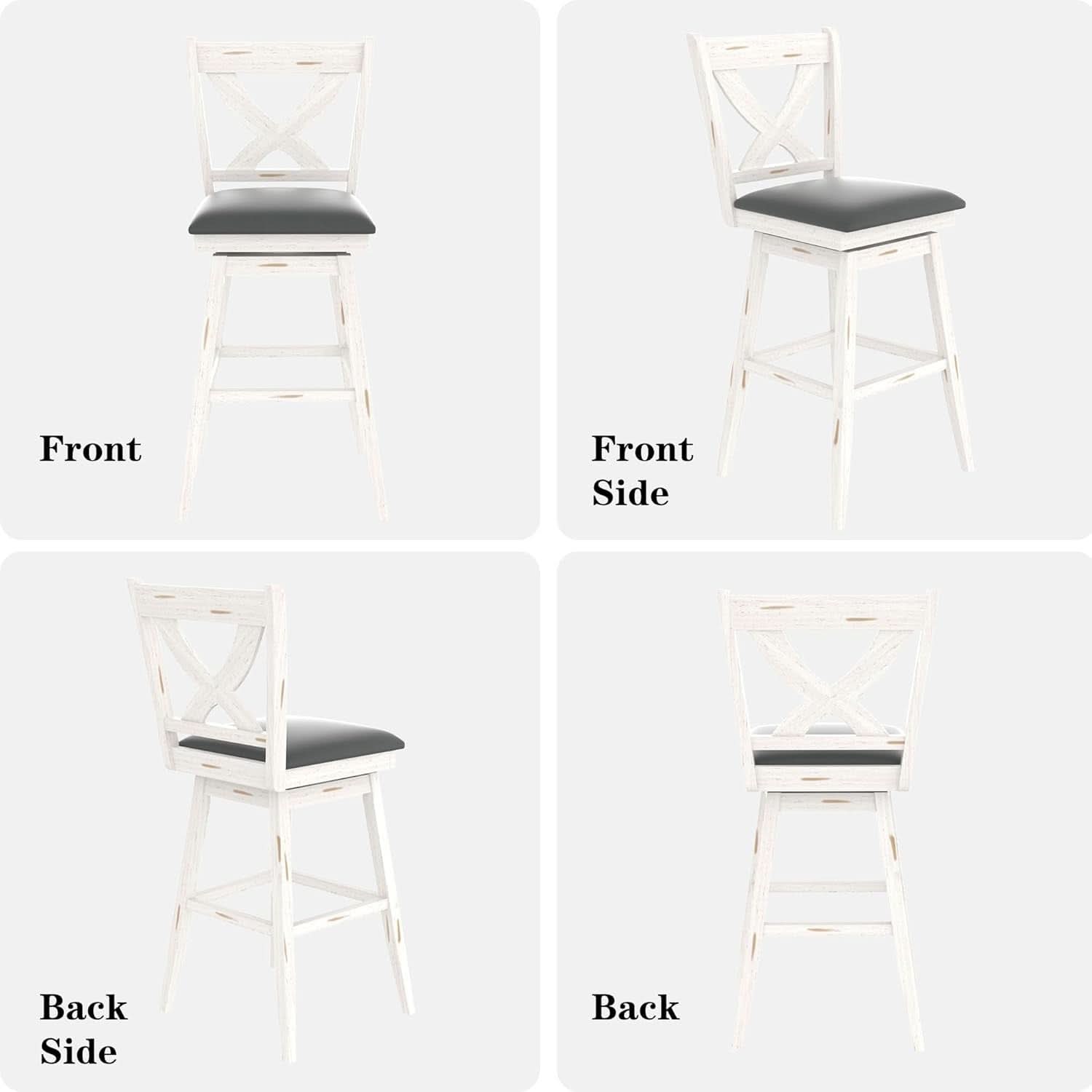 29 Inch Swivel Bar Stool With Grey Faux Leather Upholstery Antique White Wood Frame And Solid Wood Footrest Set Of 2