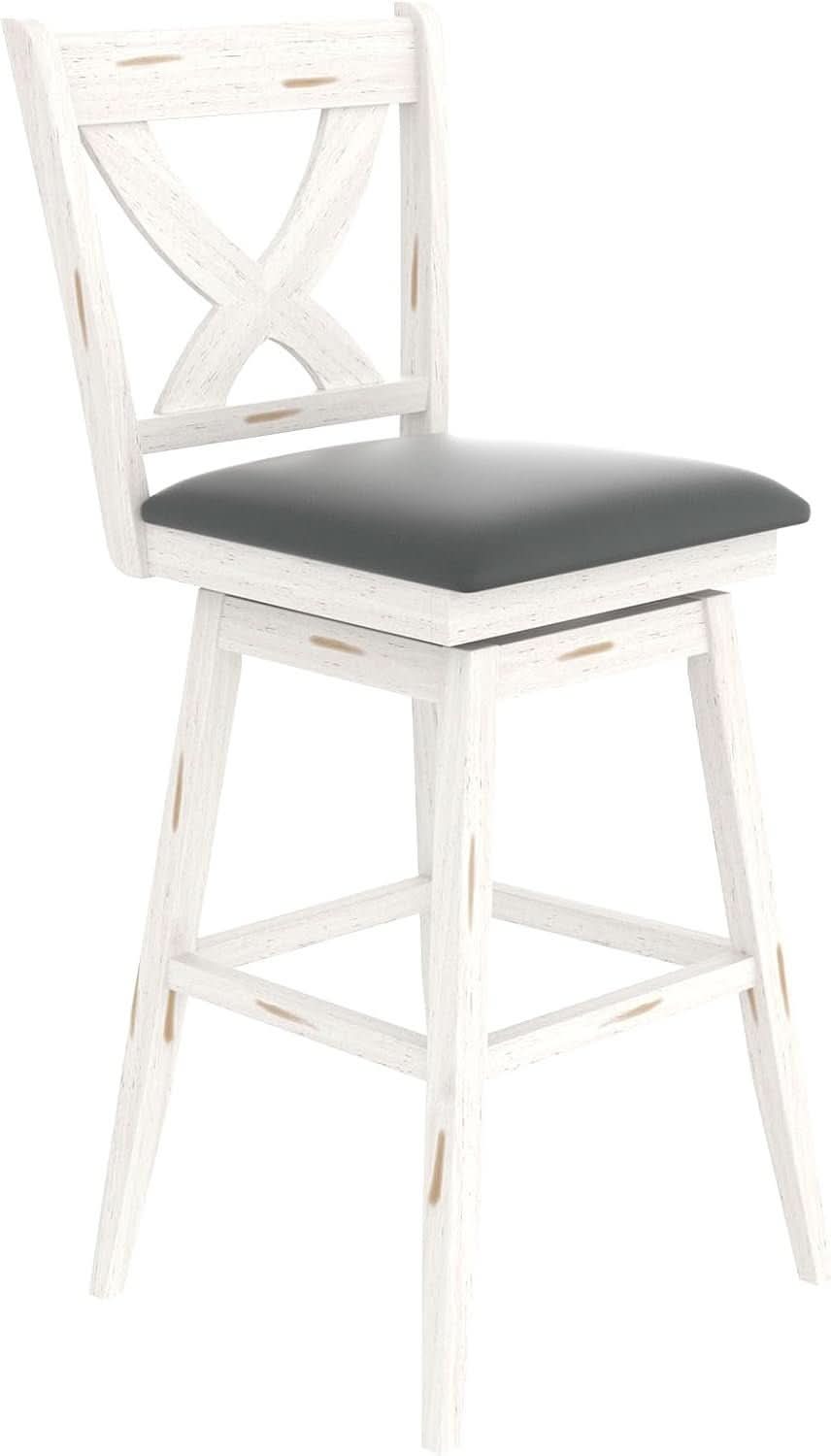 29 Inch Swivel Bar Stool With Grey Faux Leather Upholstery Antique White Wood Frame And Solid Wood Footrest Set Of 2