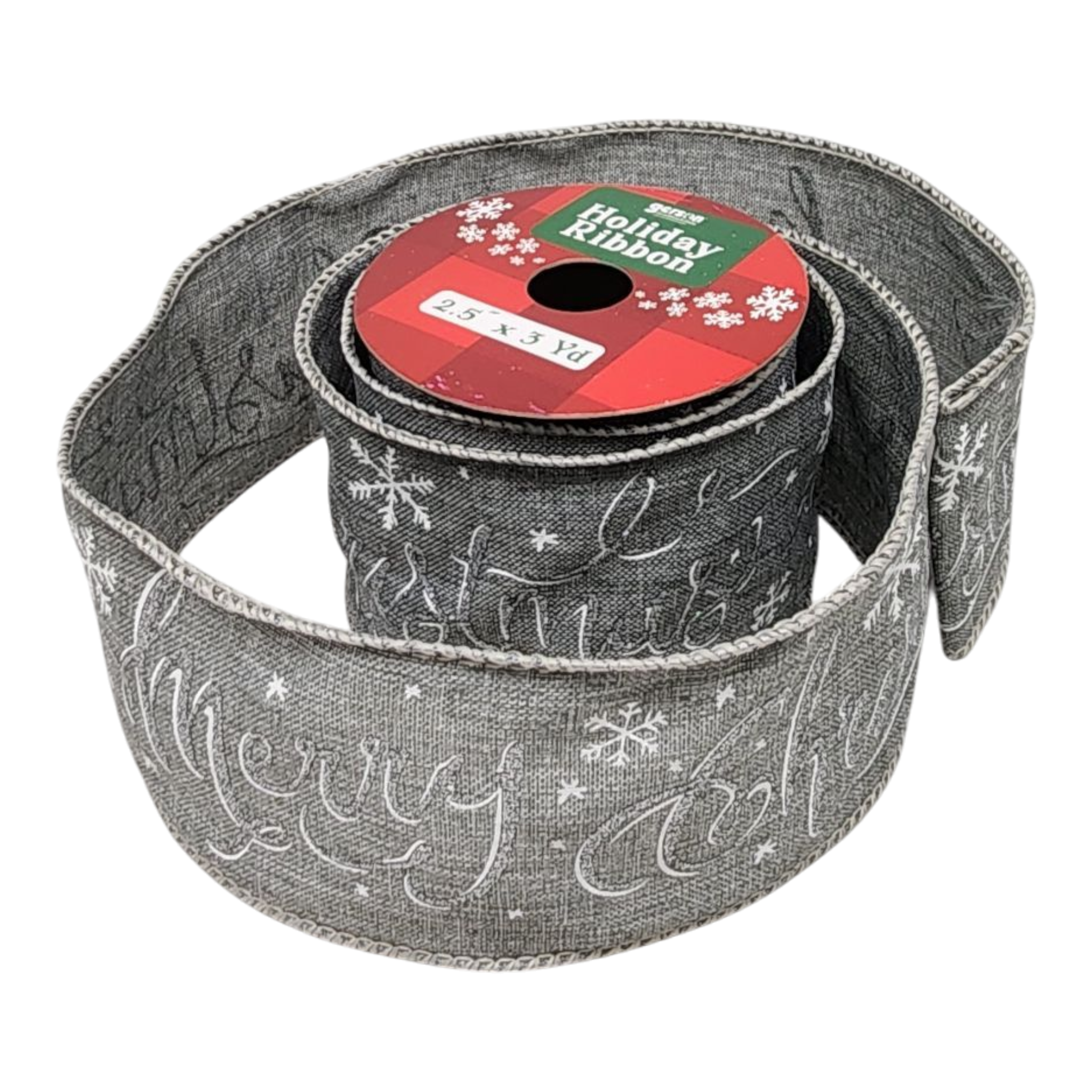2.5" x 3 Yard Christmas Ribbon - Silver Merry Christmas