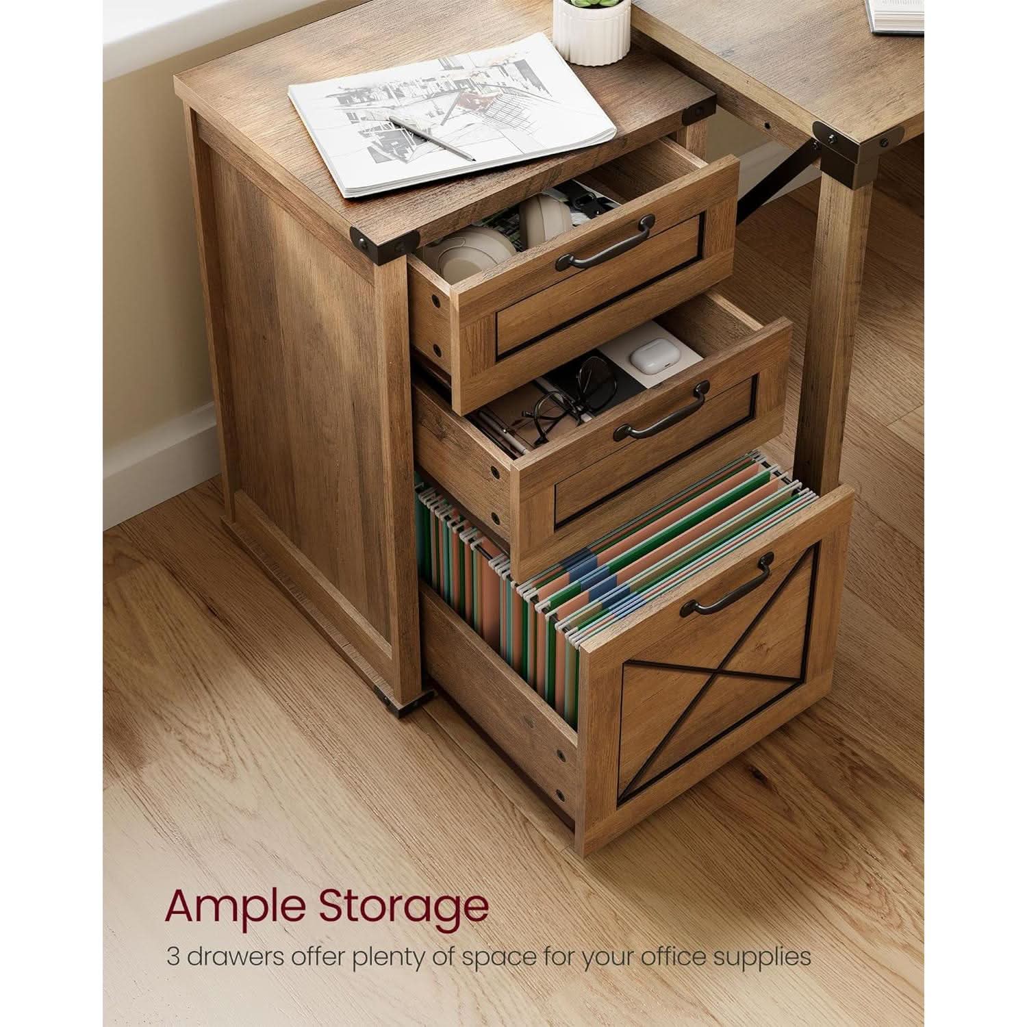 3 Drawer Farmhouse Filing Cabinet With Printer Stand For Home Office Storage Woodgrain Finish