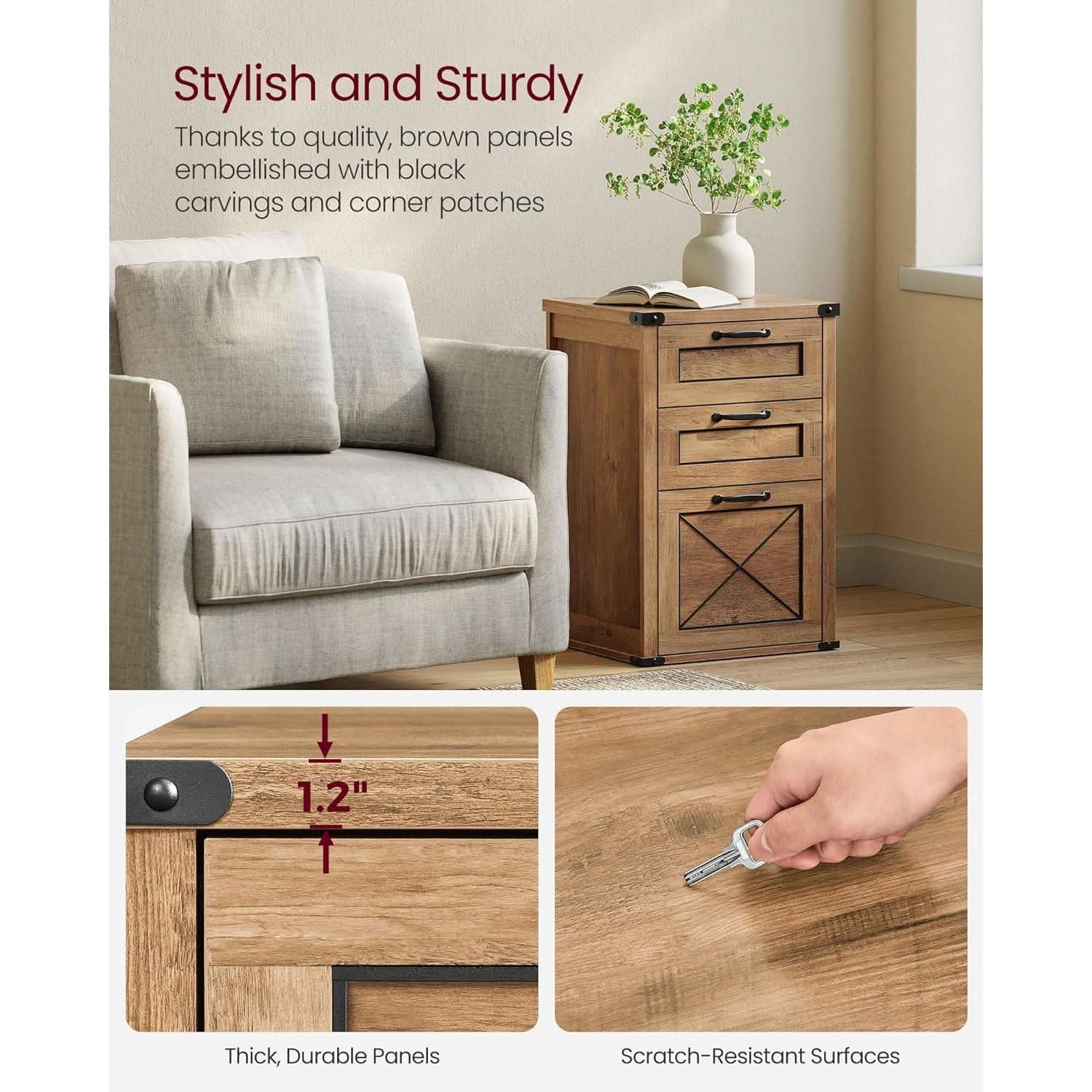 3 Drawer Farmhouse Filing Cabinet With Printer Stand For Home Office Storage Woodgrain Finish