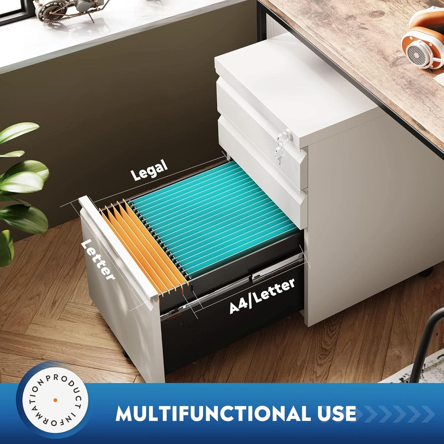 3 Drawer Mobile File Cabinet With Lock Under Desk Metal Office File Cabinet For Legal Letter A4 Files