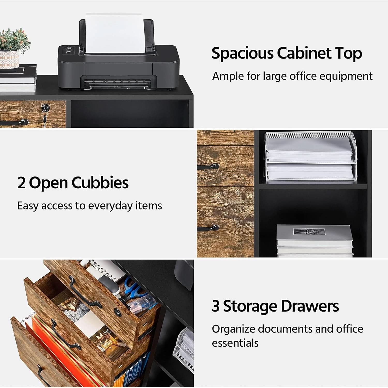 3 Drawer Mobile File Cabinet With Open Shelf Black Rustic