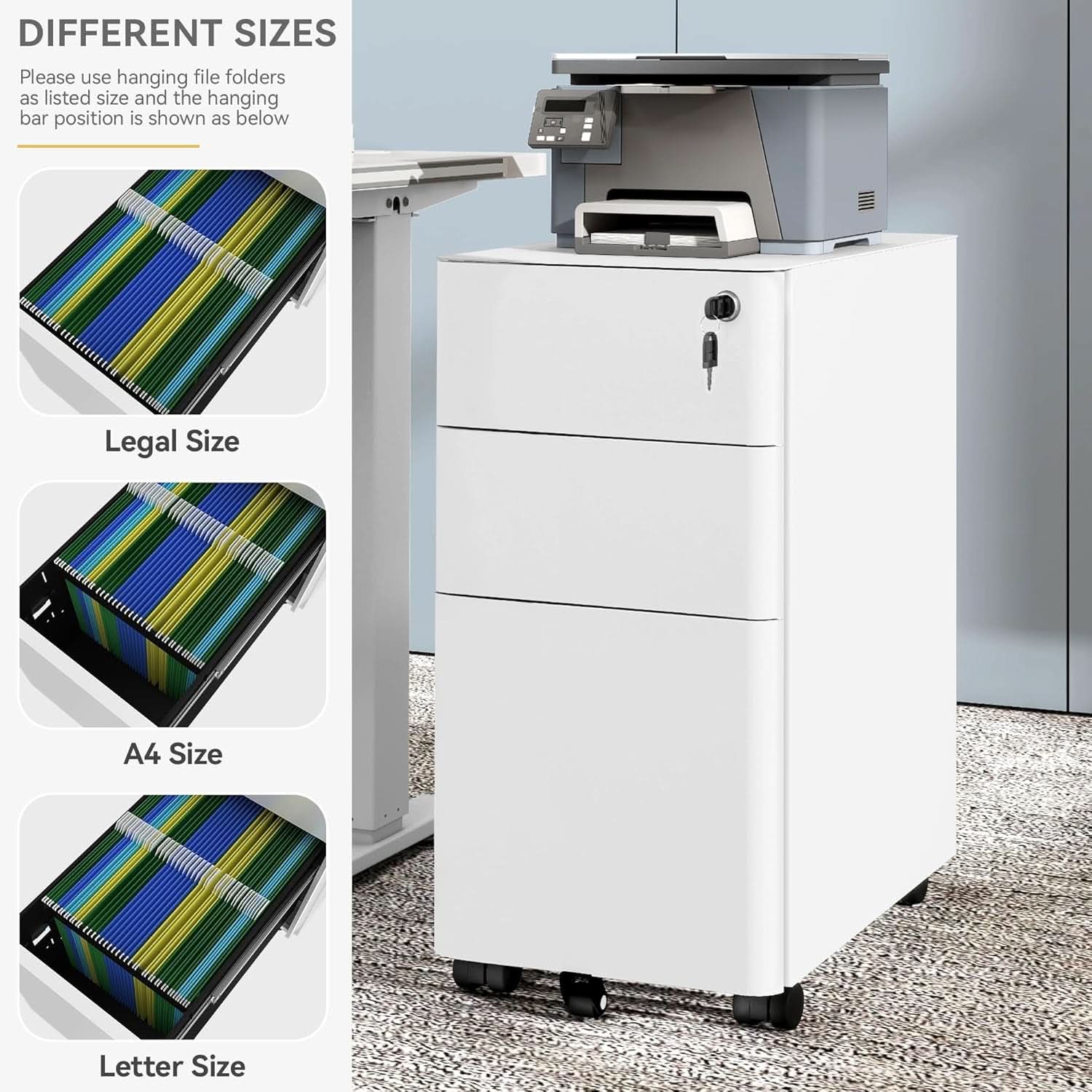 3 Drawer Vertical File Cabinet With Lockable Mobile Design White For A4 Letter Legal Documents