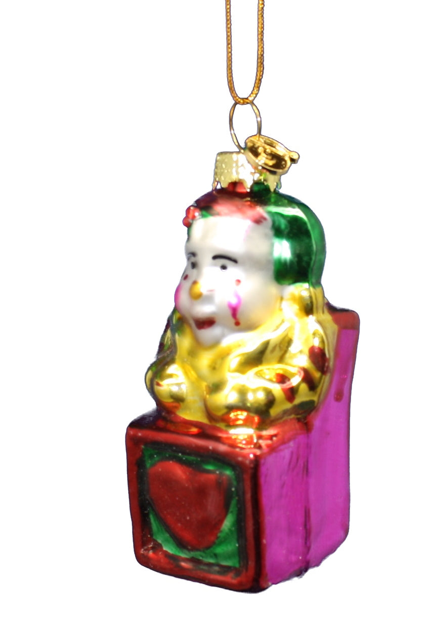 3 Inch Boxed Glass Ornament - Jack in the Box - Gold