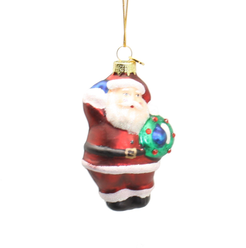 3 Inch Boxed Glass Ornament - Santa with Wreath