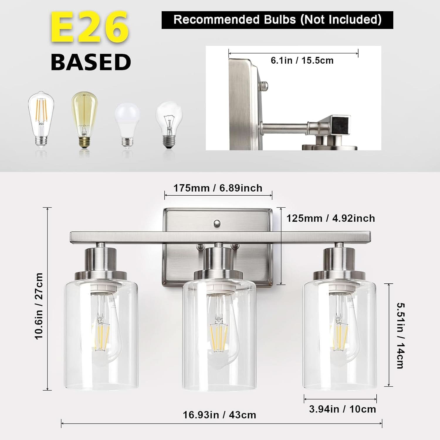 3 Light Brushed Nickel Vanity Light Fixture For Bathroom