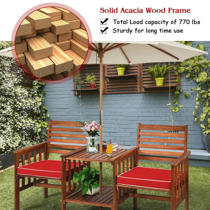 3-Piece Acacia Wood Outdoor Patio Table and Chair Set With Umbrella Hole and Durable Weatherproof Finish