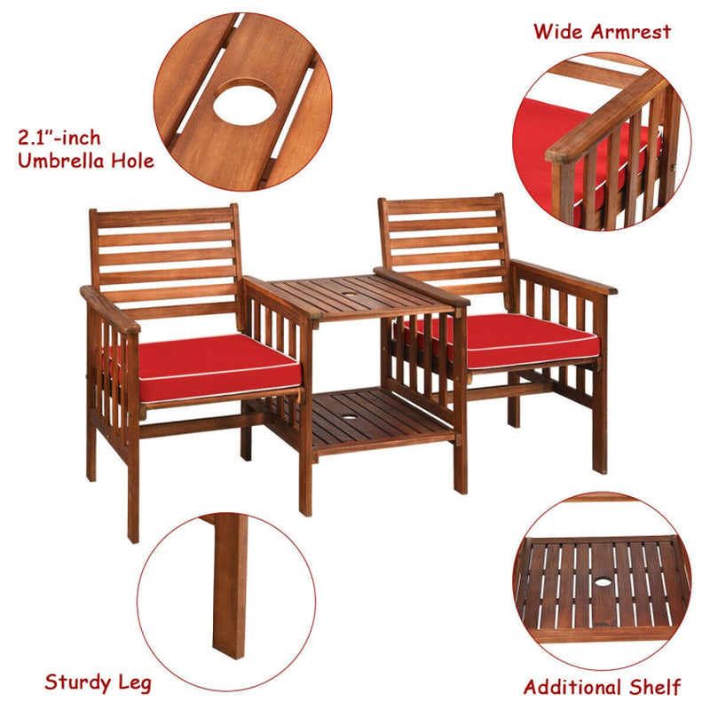 3-Piece Acacia Wood Outdoor Patio Table and Chair Set With Umbrella Hole and Durable Weatherproof Finish