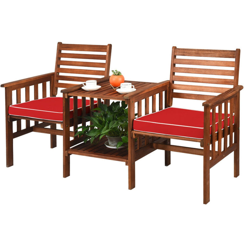3-Piece Acacia Wood Outdoor Patio Table and Chair Set With Umbrella Hole and Durable Weatherproof Finish