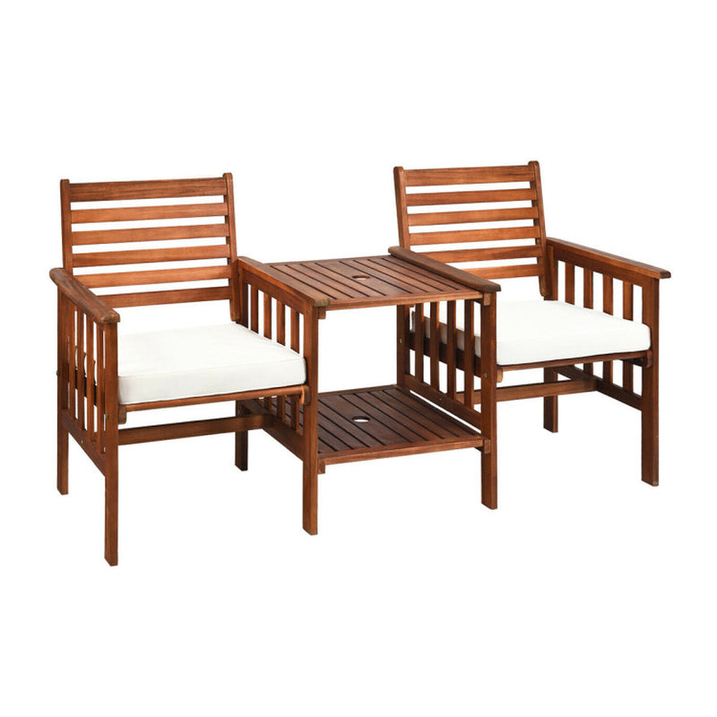 3-Piece Acacia Wood Outdoor Patio Table and Chair Set With Umbrella Hole and Durable Weatherproof Finish