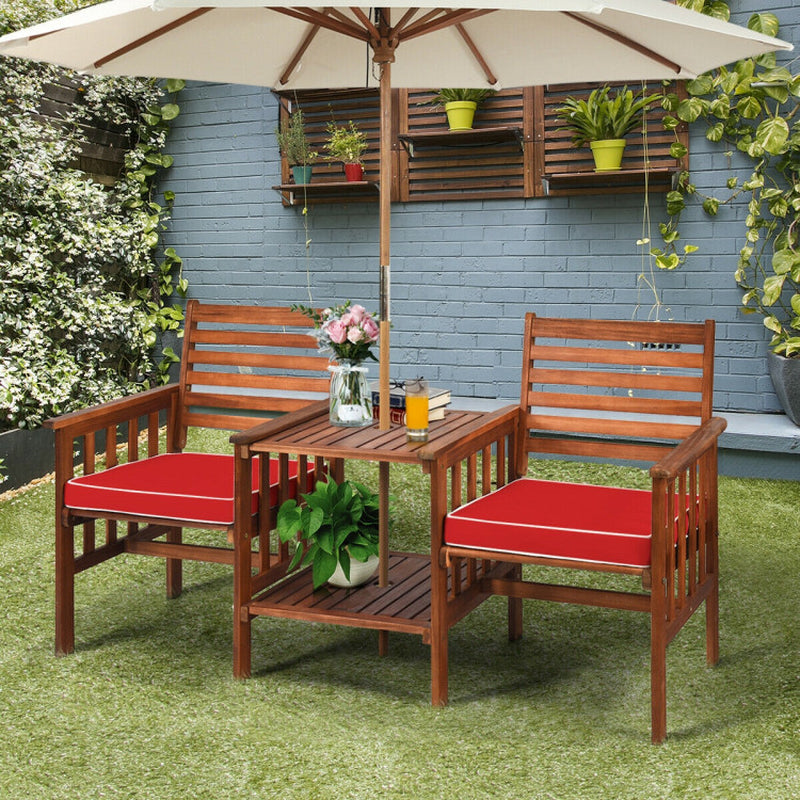 3-Piece Acacia Wood Outdoor Patio Table and Chair Set With Umbrella Hole and Durable Weatherproof Finish