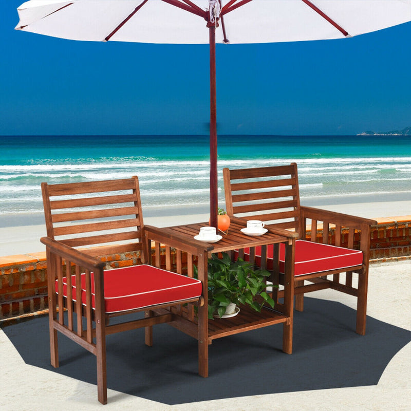 3-Piece Acacia Wood Outdoor Patio Table and Chair Set With Umbrella Hole and Durable Weatherproof Finish