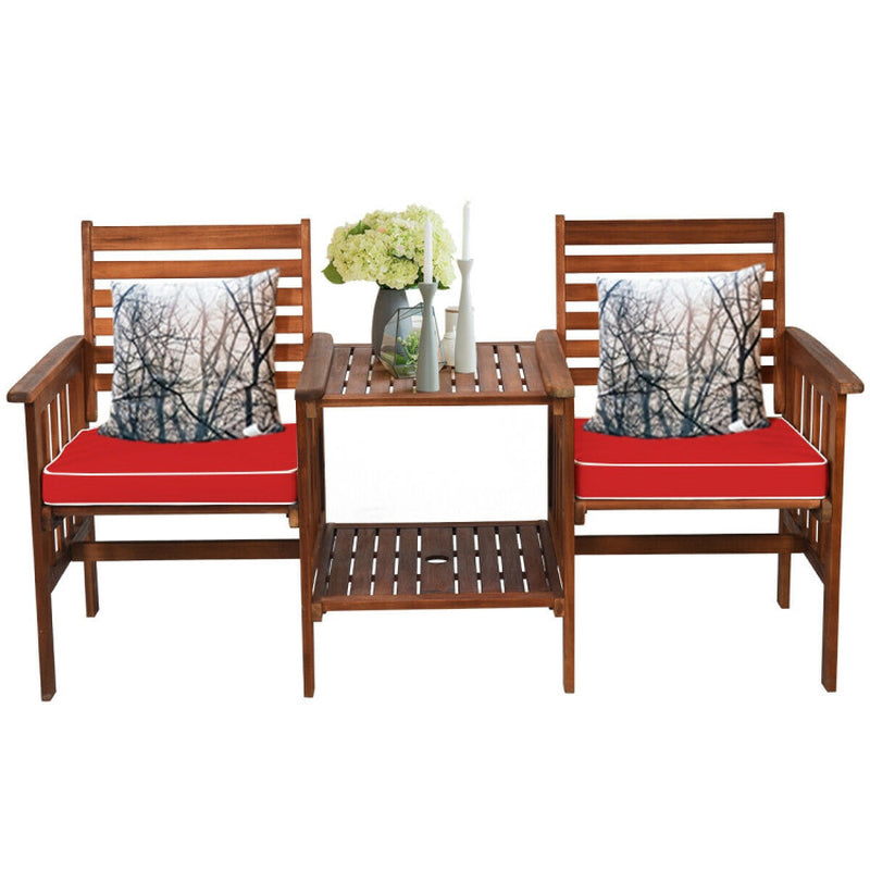 3-Piece Acacia Wood Outdoor Patio Table and Chair Set With Umbrella Hole and Durable Weatherproof Finish