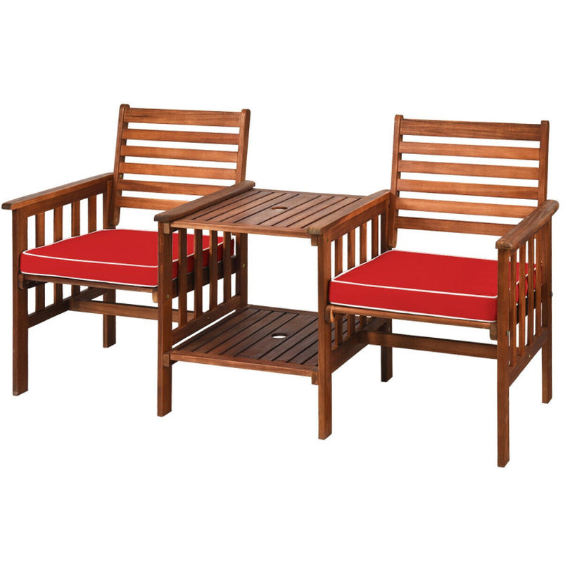 3-Piece Acacia Wood Outdoor Patio Table and Chair Set With Umbrella Hole and Durable Weatherproof Finish