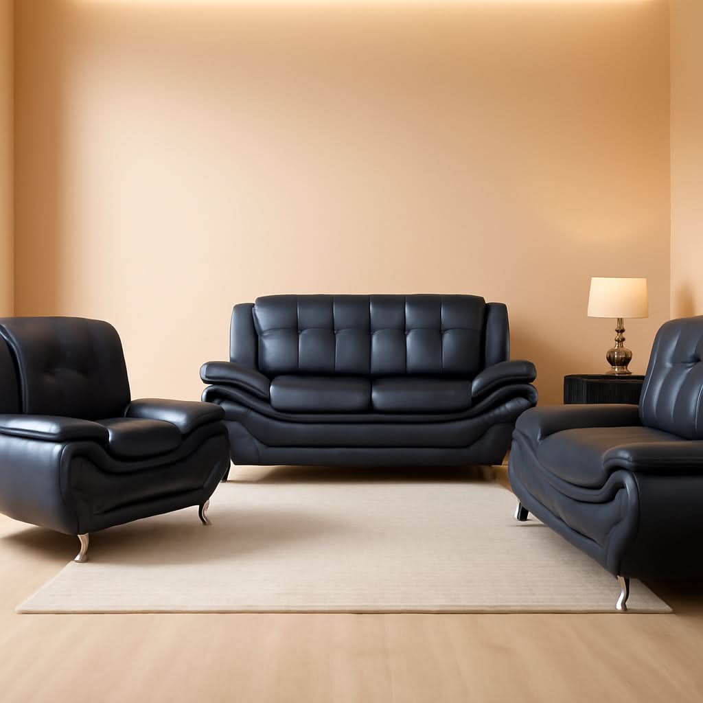 3 Piece Aldo Modern Faux Leather Sofa Set Black With Loveseat And Chair For Living Room