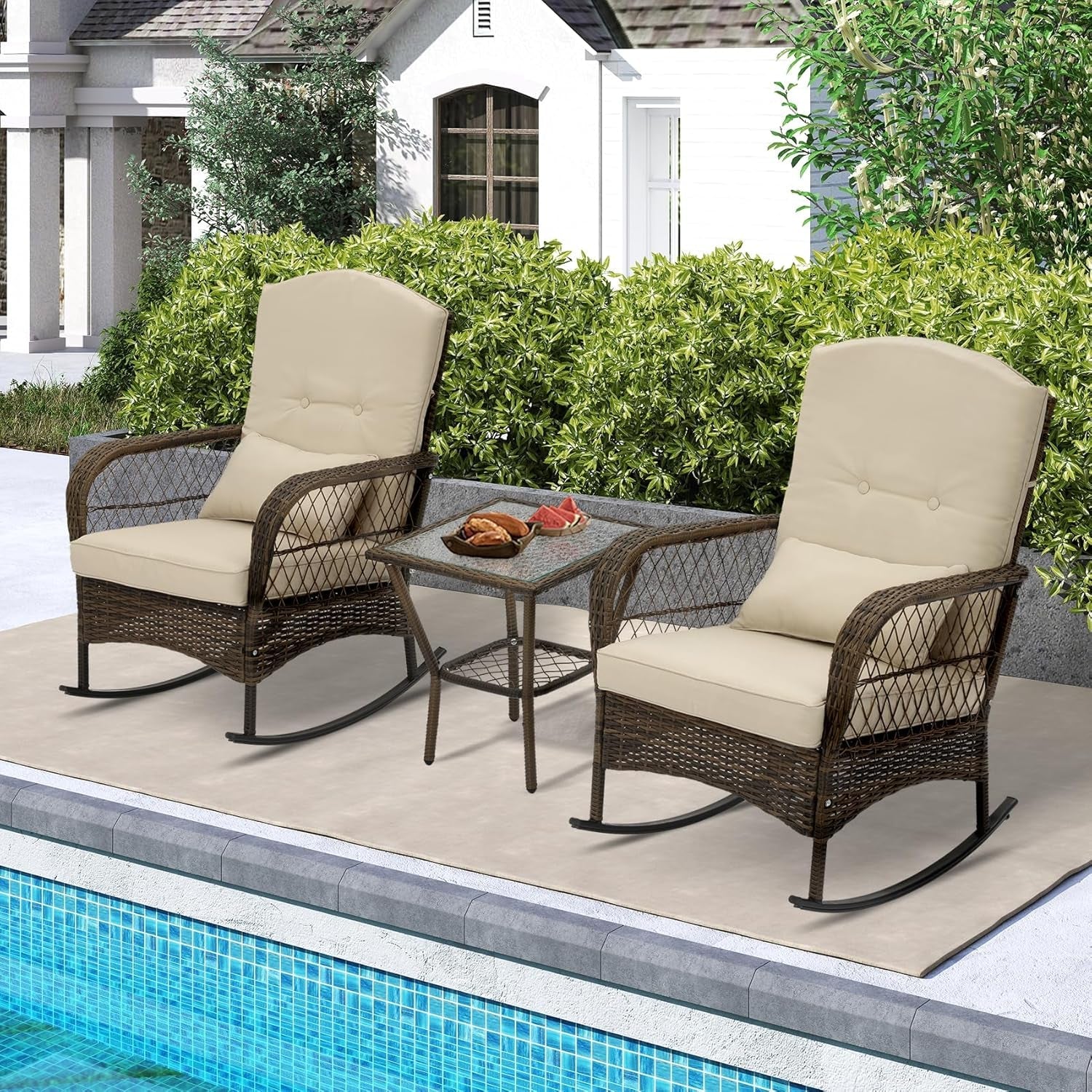 3 Piece Beige Patio Bistro Set Wicker Outdoor Chairs With Coffee Table For Patio Porch Garden