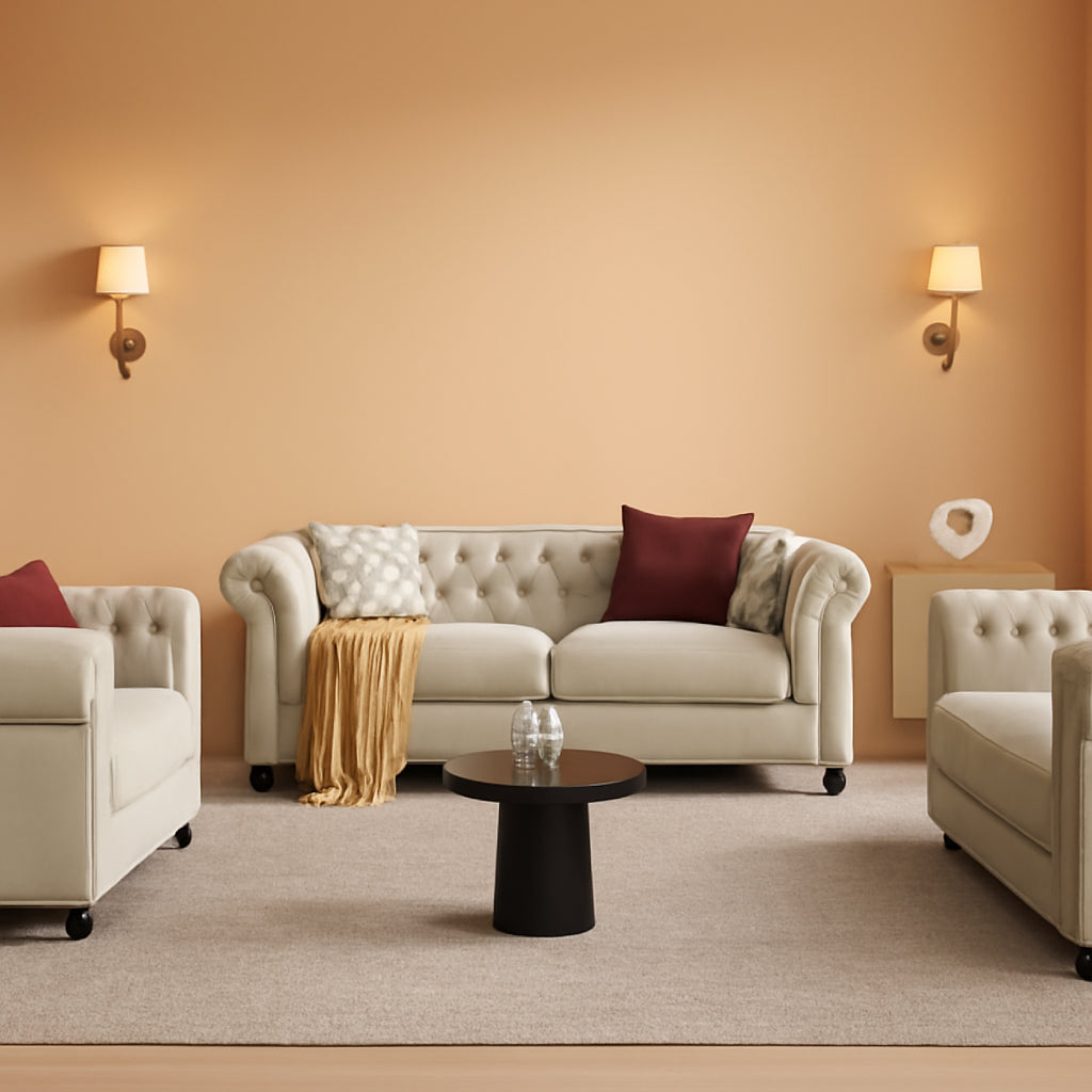3 Piece Classic Chesterfield 6 Seater Sofa Set With Tufted Cushions Linen Beige Upholstery